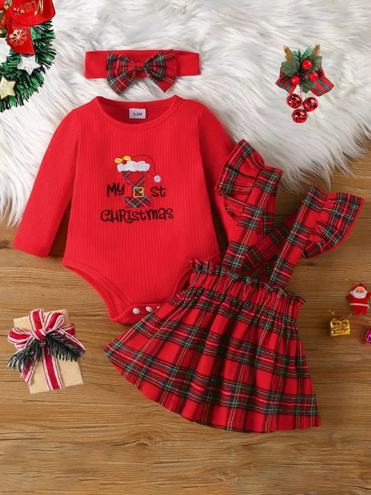 Children's First Christmas Bodysuit and Plaid Dress Outfit Set with Headband Simply Love