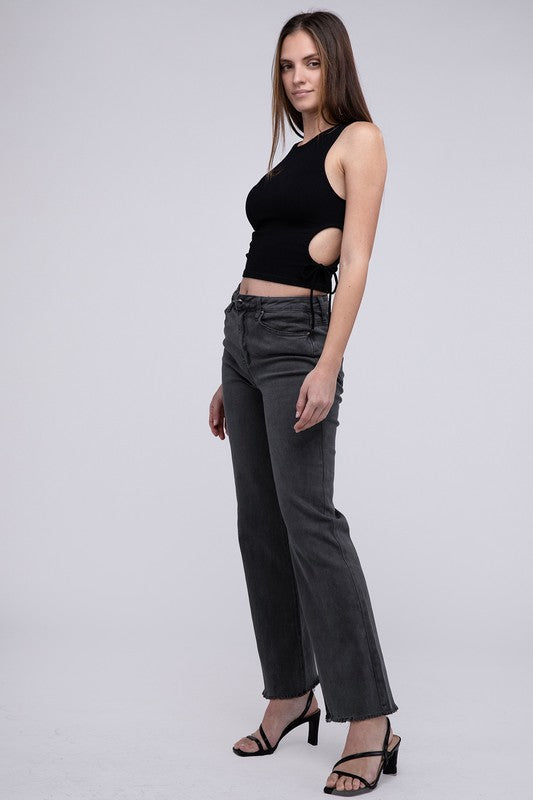 Trendy acid wash frayed hem wide-leg pants