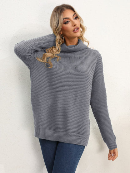 Slit Turtleneck Dropped Shoulder Sweater.