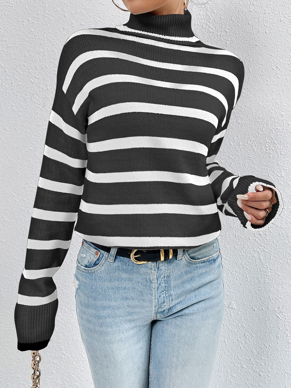 Striped Turtleneck Long Sleeve Sweater.