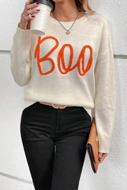 Cozy apricot "Boo" ribbed edge drop shoulder sweater