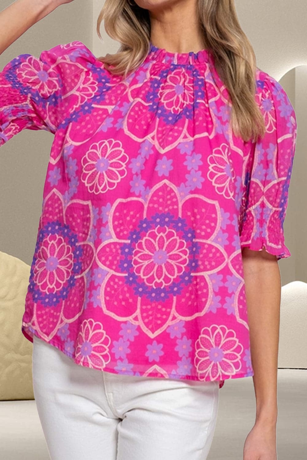 Printed Round Neck Half Sleeve Blouse.