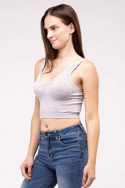 Washed Ribbed Cropped V-Neck Tank Top.