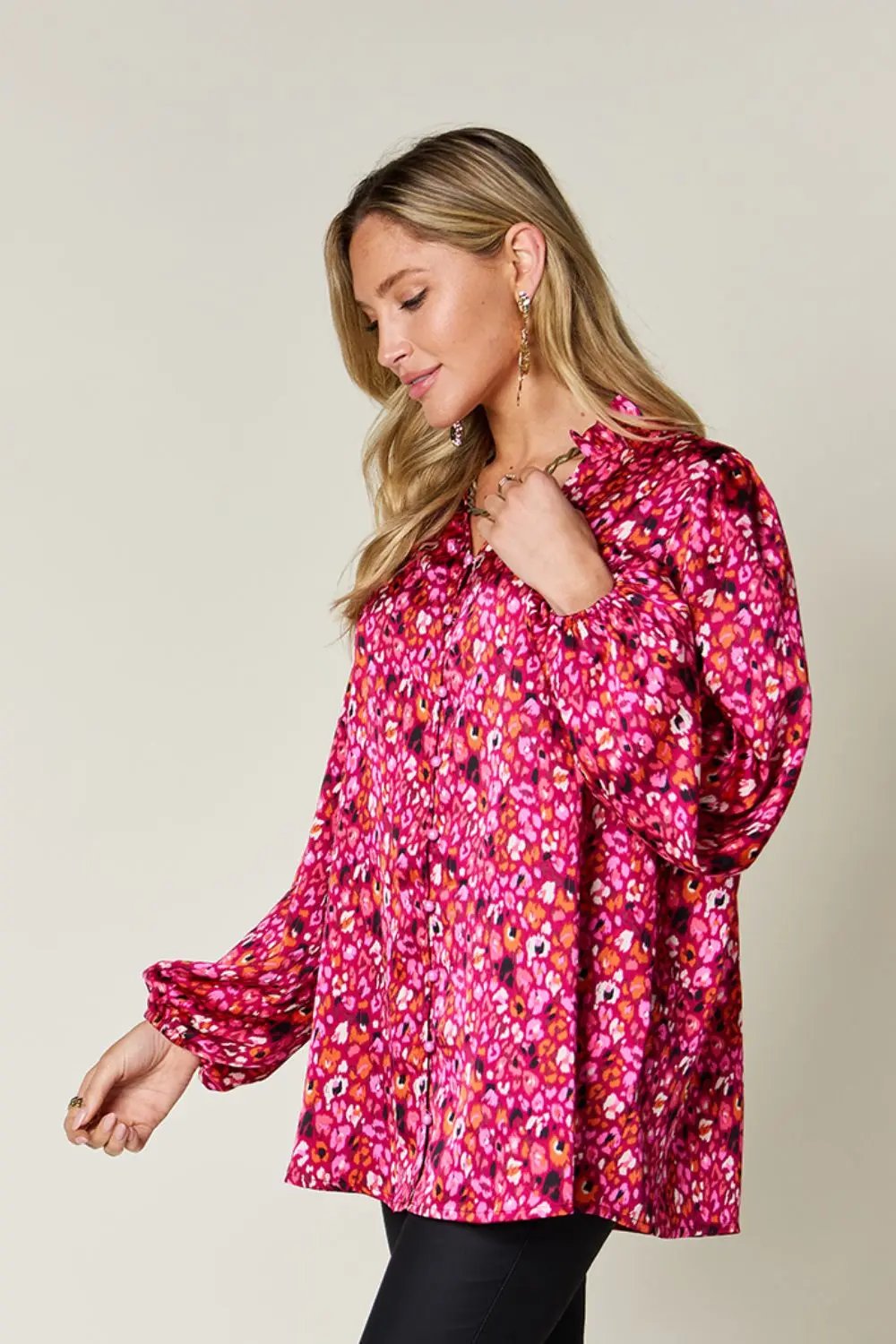 Double Take Full Size Printed Long Sleeve Blouse - Love Salve
