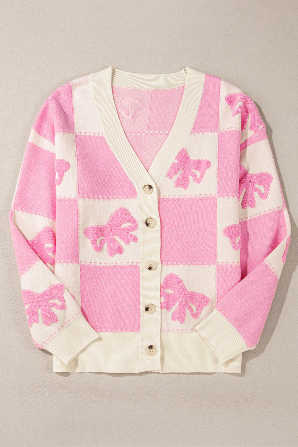 Pink Checkered V-Neck Cardigan with Bow Knot and Drop Shoulder Design