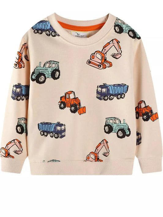 Kids Cotton Blend Construction Vehicle Print Crew Neck Sweatshirt Simply Love