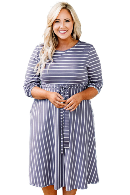 Chic gray striped plus size dress with tie waist and 3/4 sleeves