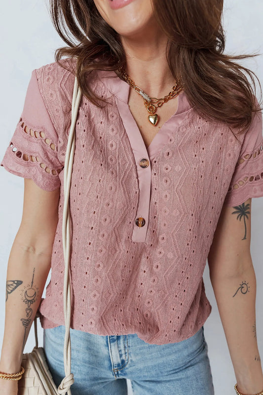 Fuchsia Textured Embroidered Half Buttons Short Sleeve Blouse Dear-Lover Dropshipping