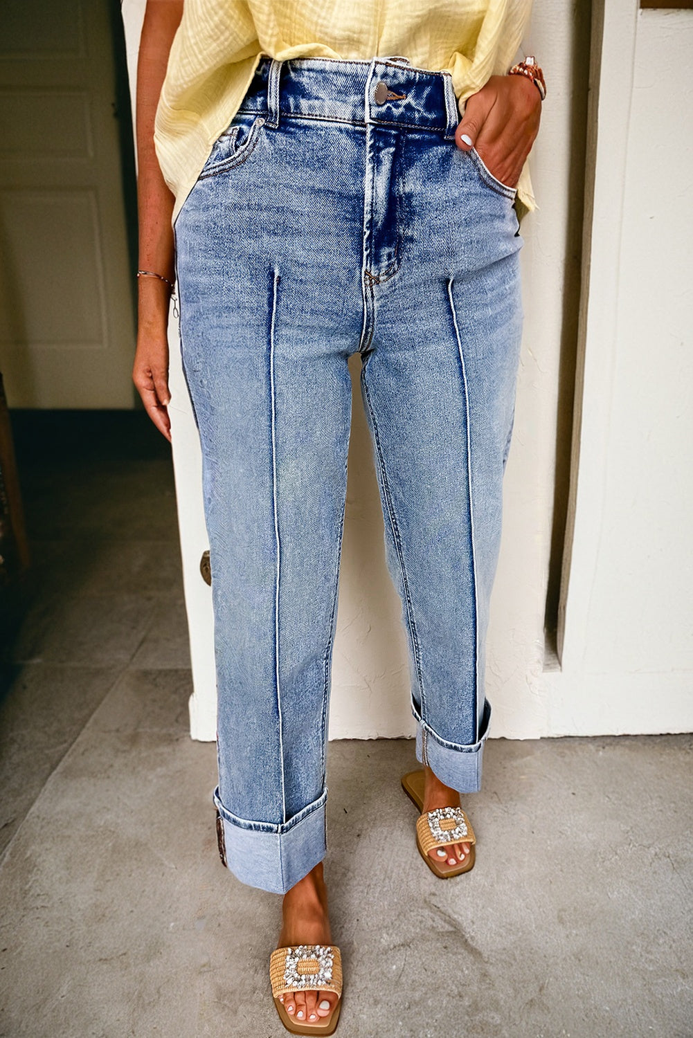 Myosotis Center Seam Cuffed Hem Straight High Waist Jeans Love Salve