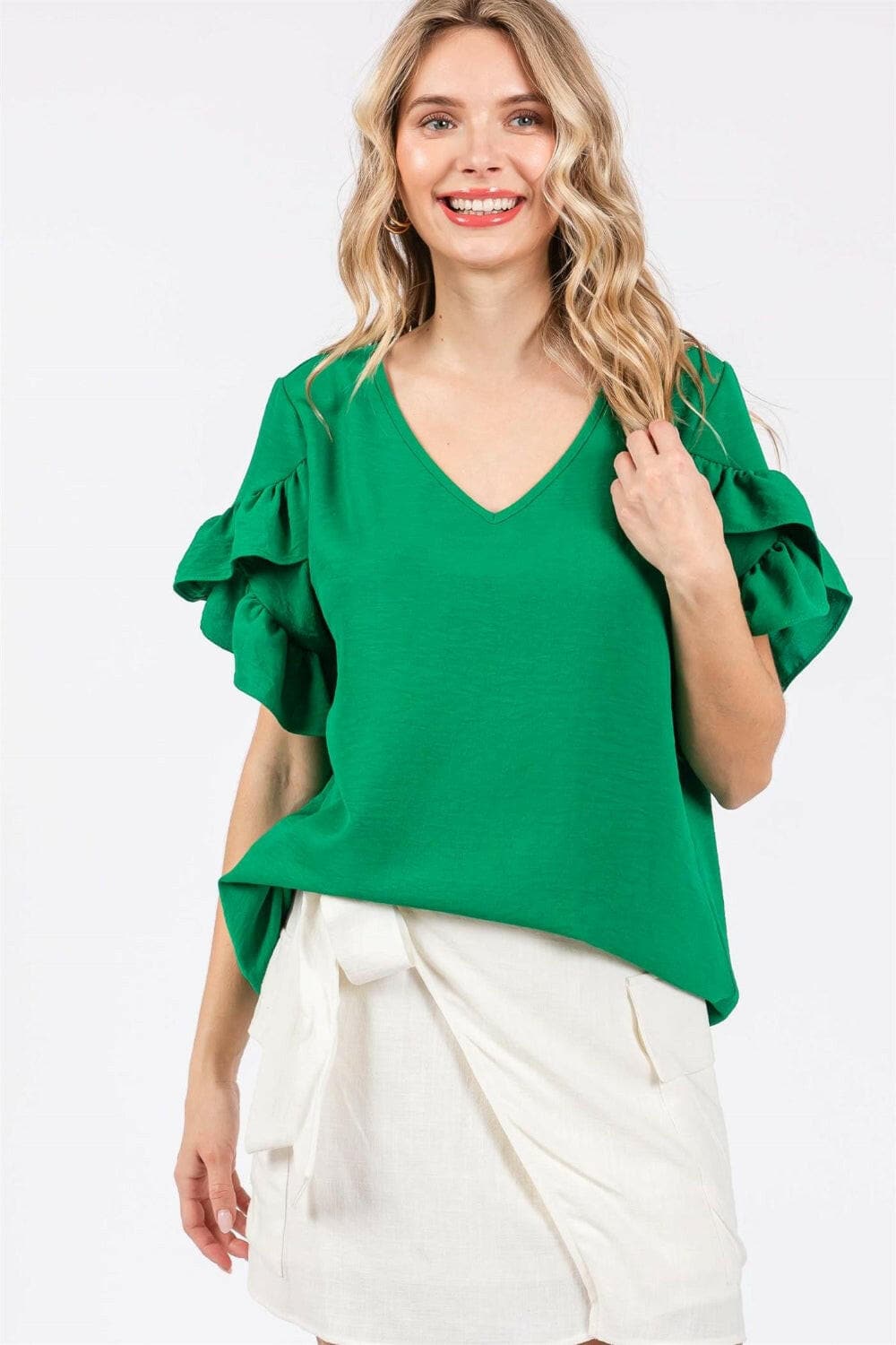 GeeGee Ruffled Short Sleeve V-Neck Blouse.