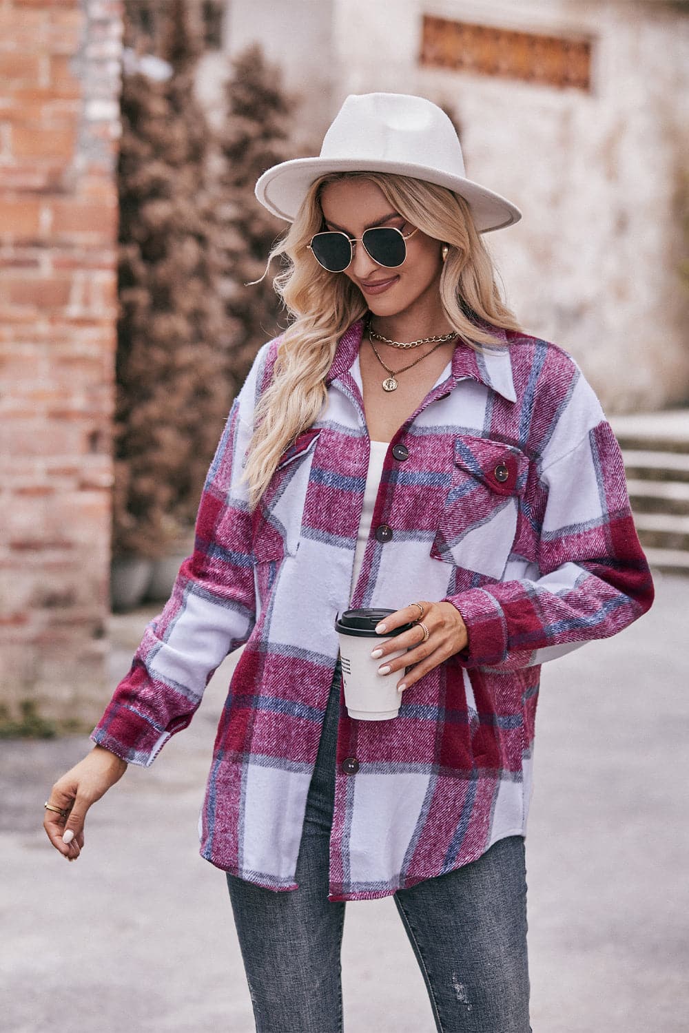 Plaid Long Sleeve Shirt Jacket with Pockets.