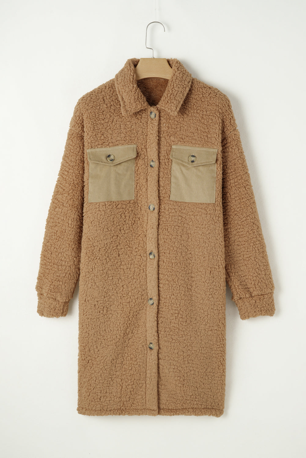 Khaki Single Breasted Teddy Coat with Contrast Flap Pockets