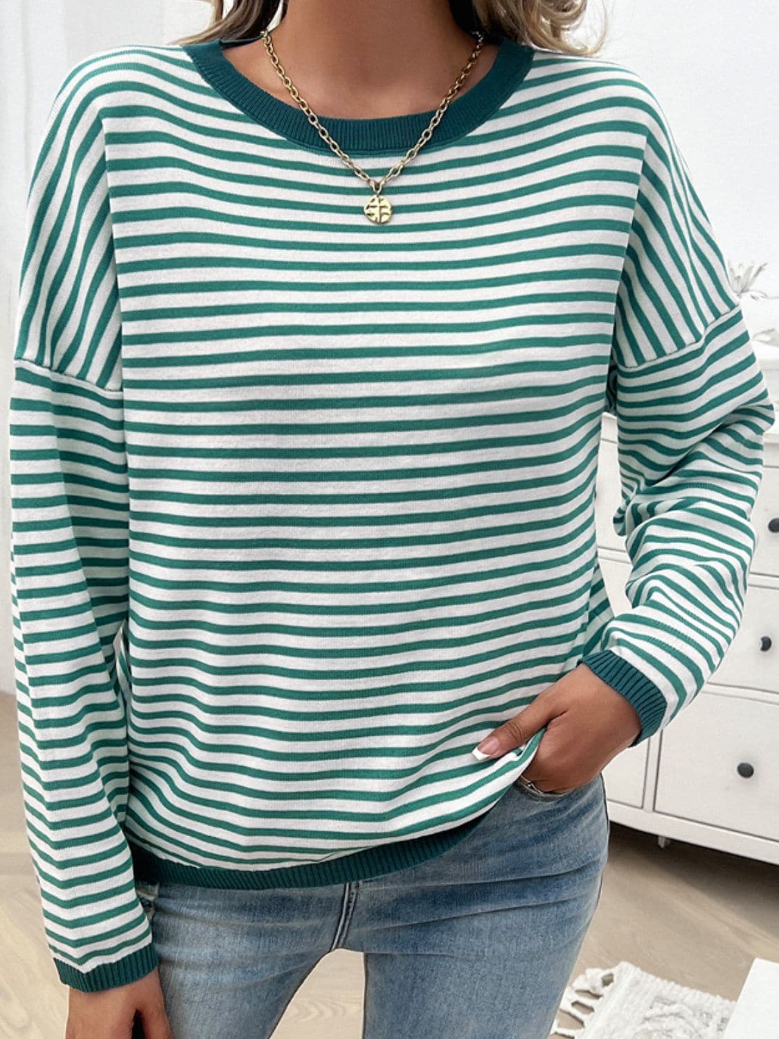 Striped Round Neck Dropped Shoulder Sweater.