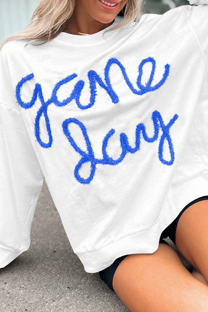 Gameday vibes white tinsel graphic sweatshirt with drop shoulder design