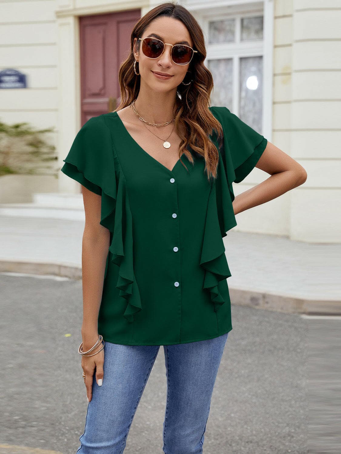 Ruffled V-Neck Short Sleeve TopRuffled V-Neck Short Sleeve Top

Introducing our elegant Ruffled V-Neck Short Sleeve Top, a must-have addition to your wardrobe for a touch of sophistication and styLove Salve -Neck Short Sleeve TopT-Shirts