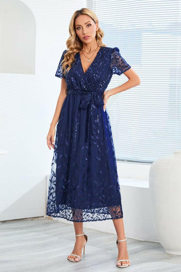 Sequin Leaf Embroidery Tie Front Short Sleeve Dress.