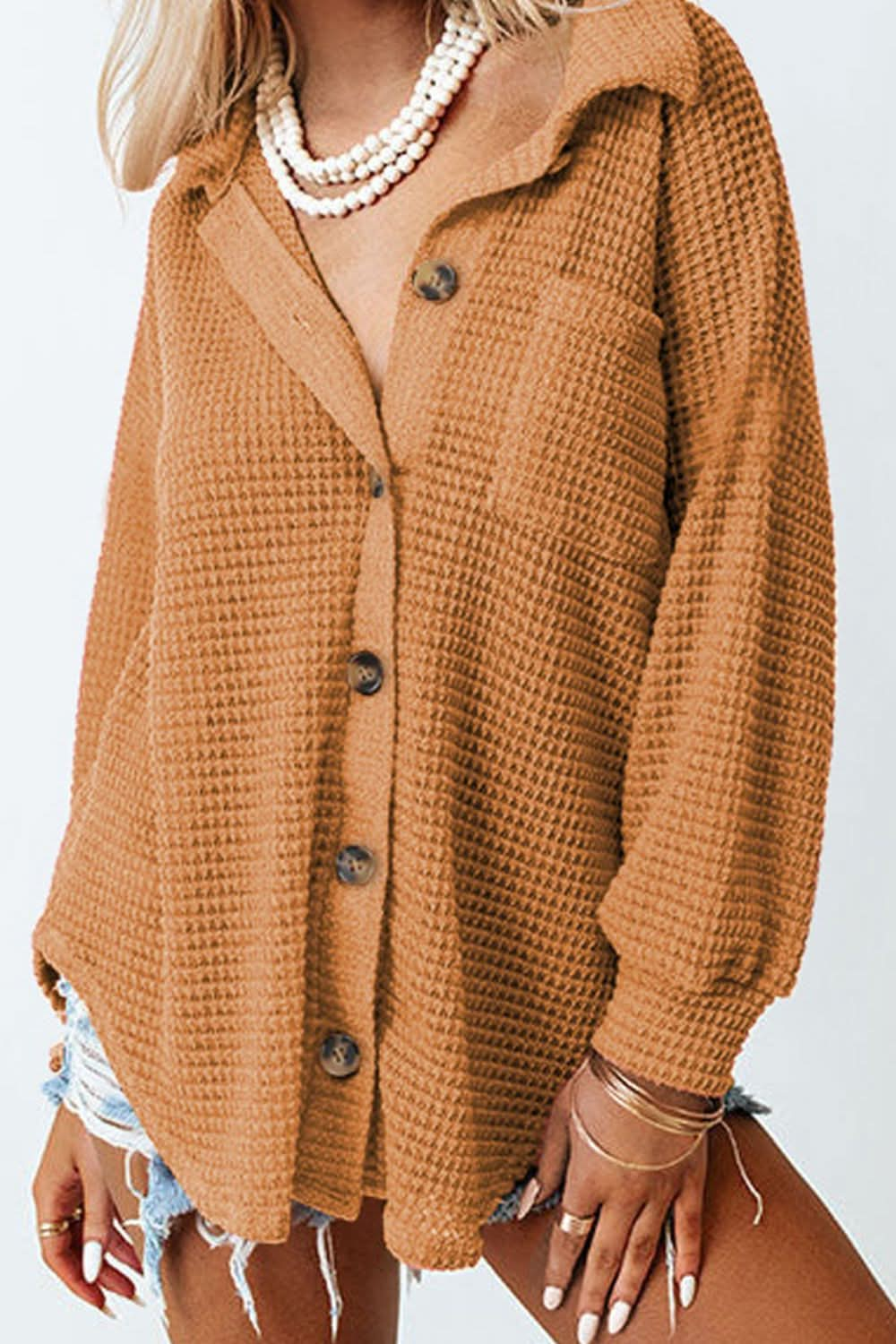 Collared Long Sleeve Waffle-Knit Shirt with Pocket