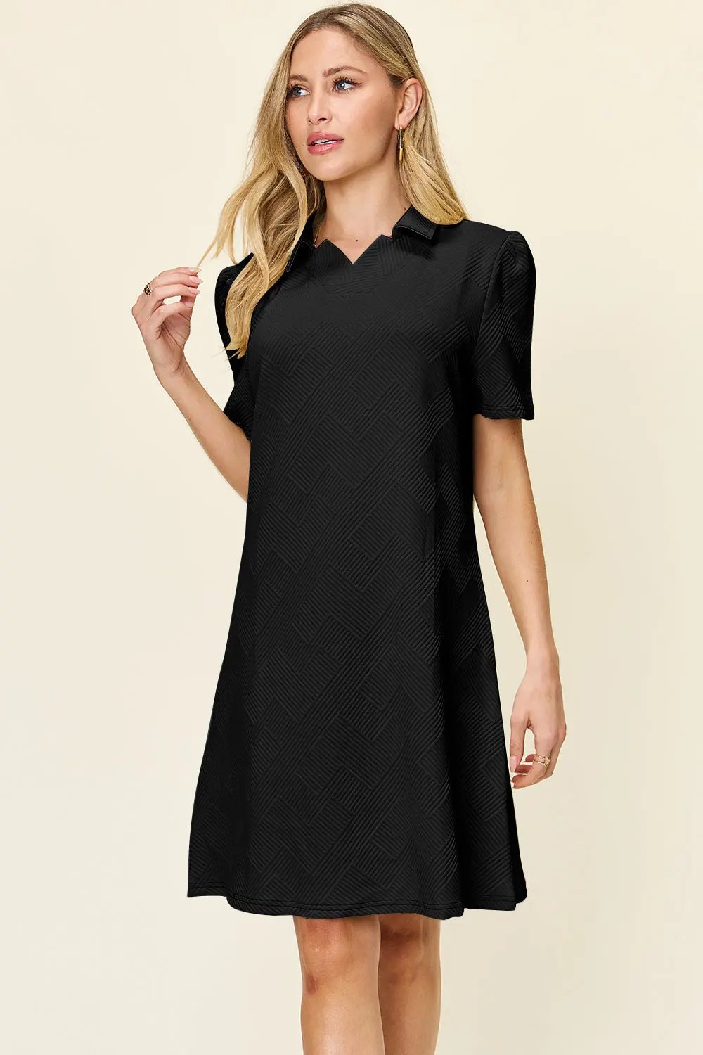 Double Take Full Size Texture Collared Neck Short Sleeve Dress - Love Salve