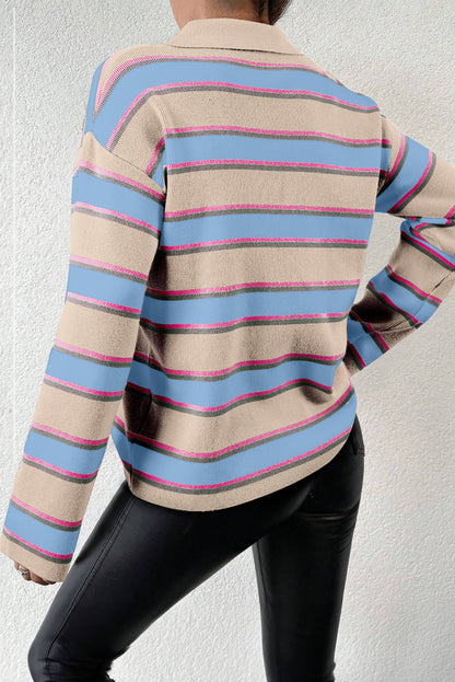 Apricot Striped V-Neck Collared Oversized Sweater with Drop Shoulders