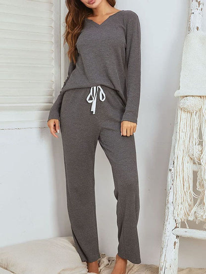 Chic Notched Long Sleeve Top and Pants Combo