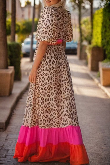 Full Size Leopard V-Neck Half Sleeve Maxi Dress.