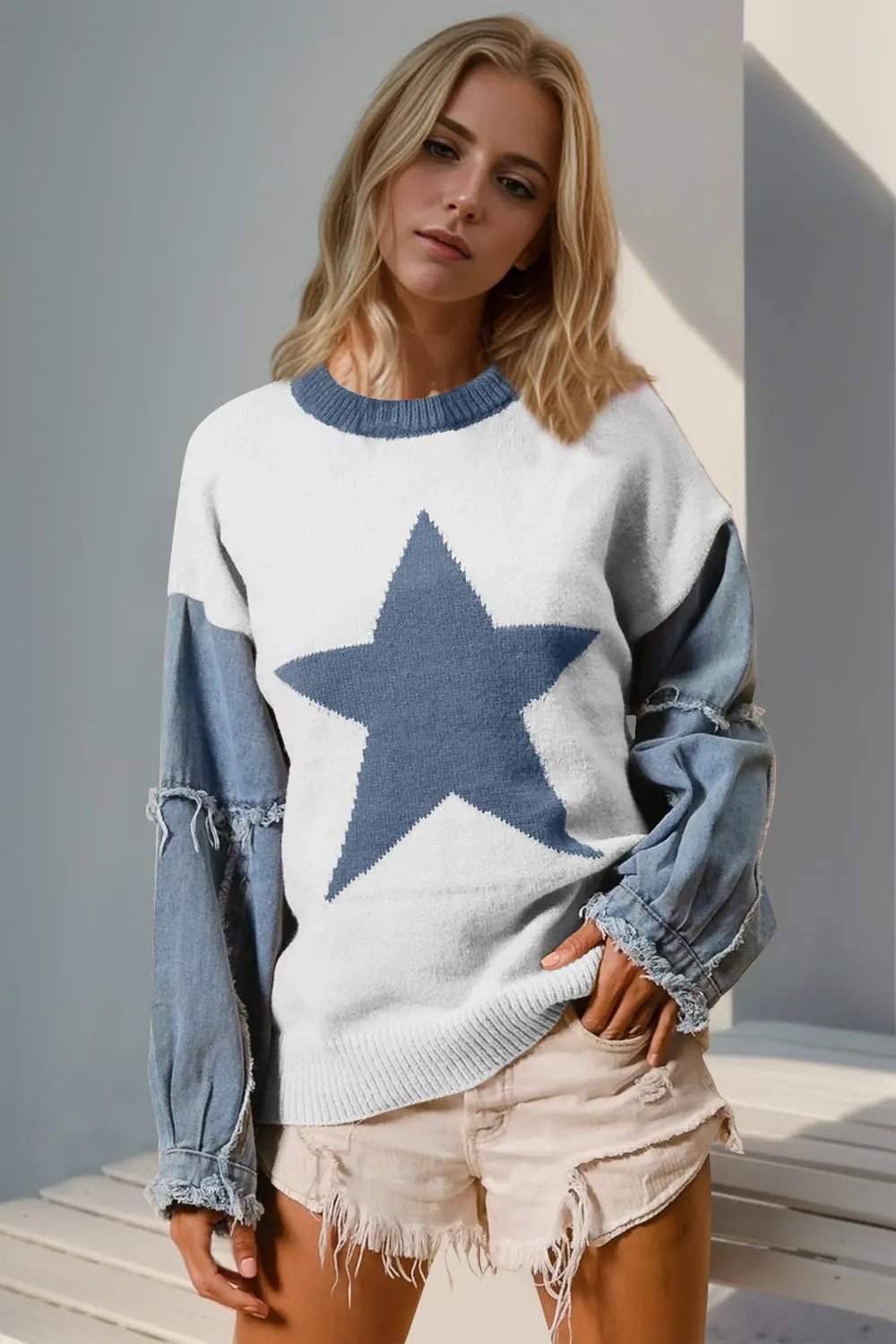Double Take Full Size Star Pattern Raw Edge Long Sleeve Sweater - Love Salve