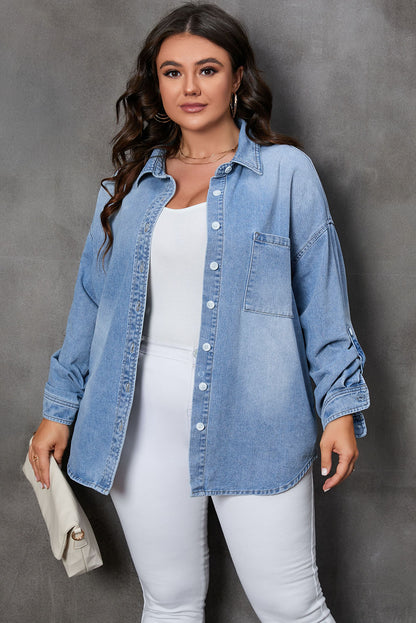 Sky Blue Plus Size Denim Shacket with Chest Pocket