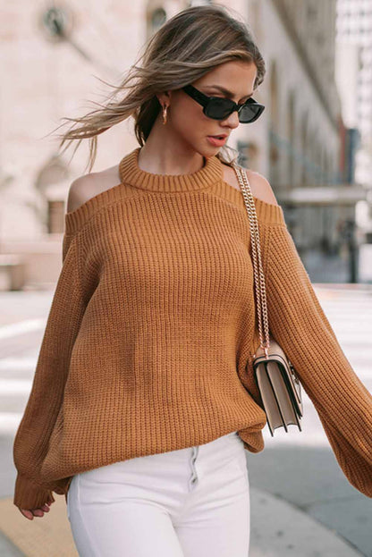 Chic brown cold shoulder sweater with hollow-out back design