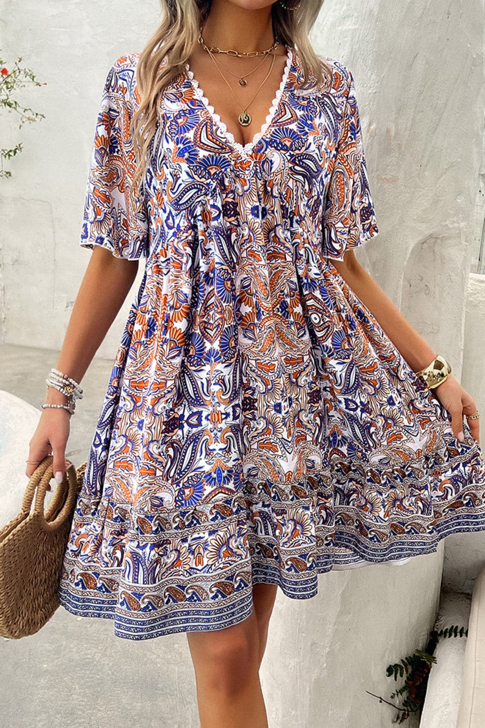 Printed V-Neck Half Sleeve Mini Dress.