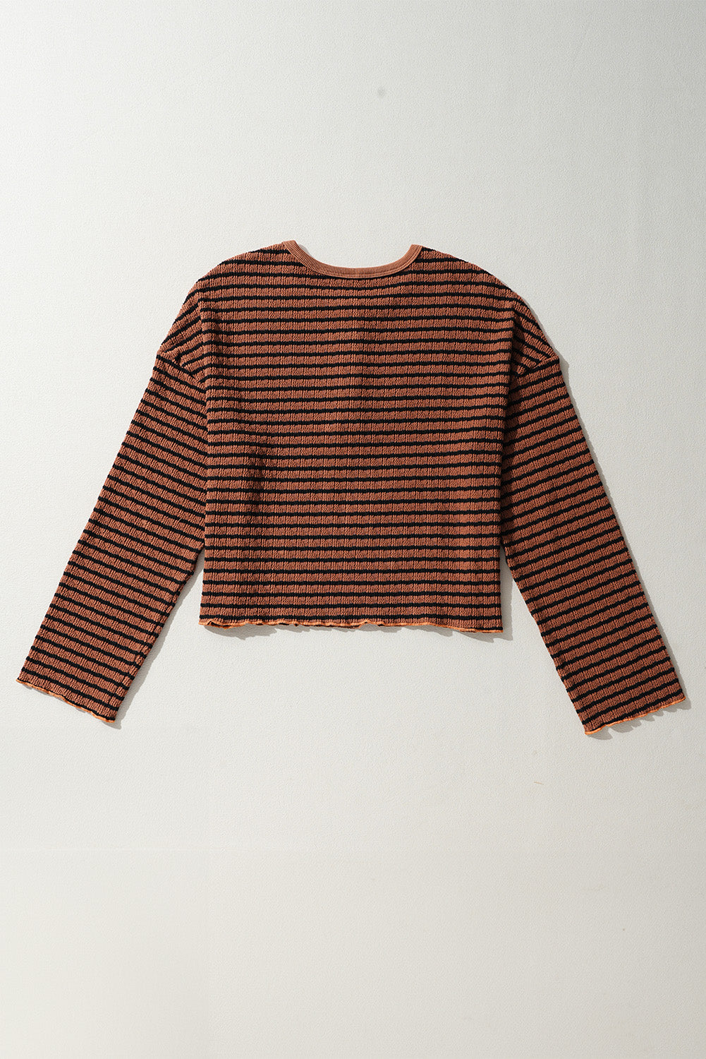 Brown Stripe Textured Frilly Trim Buttons Henley Long Sleeve Top