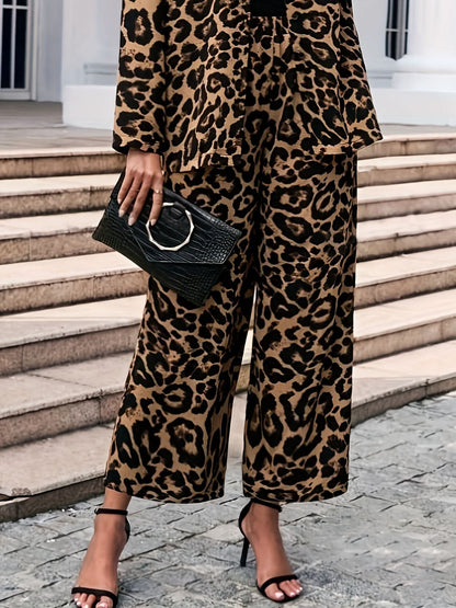 Leopard Print Wide Leg Trousers with Elastic Waistband