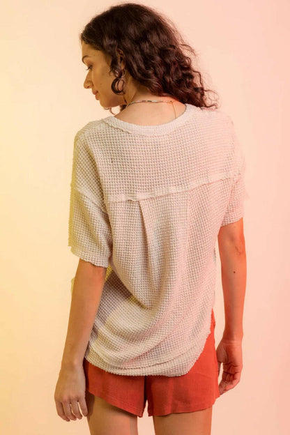 Waffle-Knit Notched Half Sleeve T-Shirt.