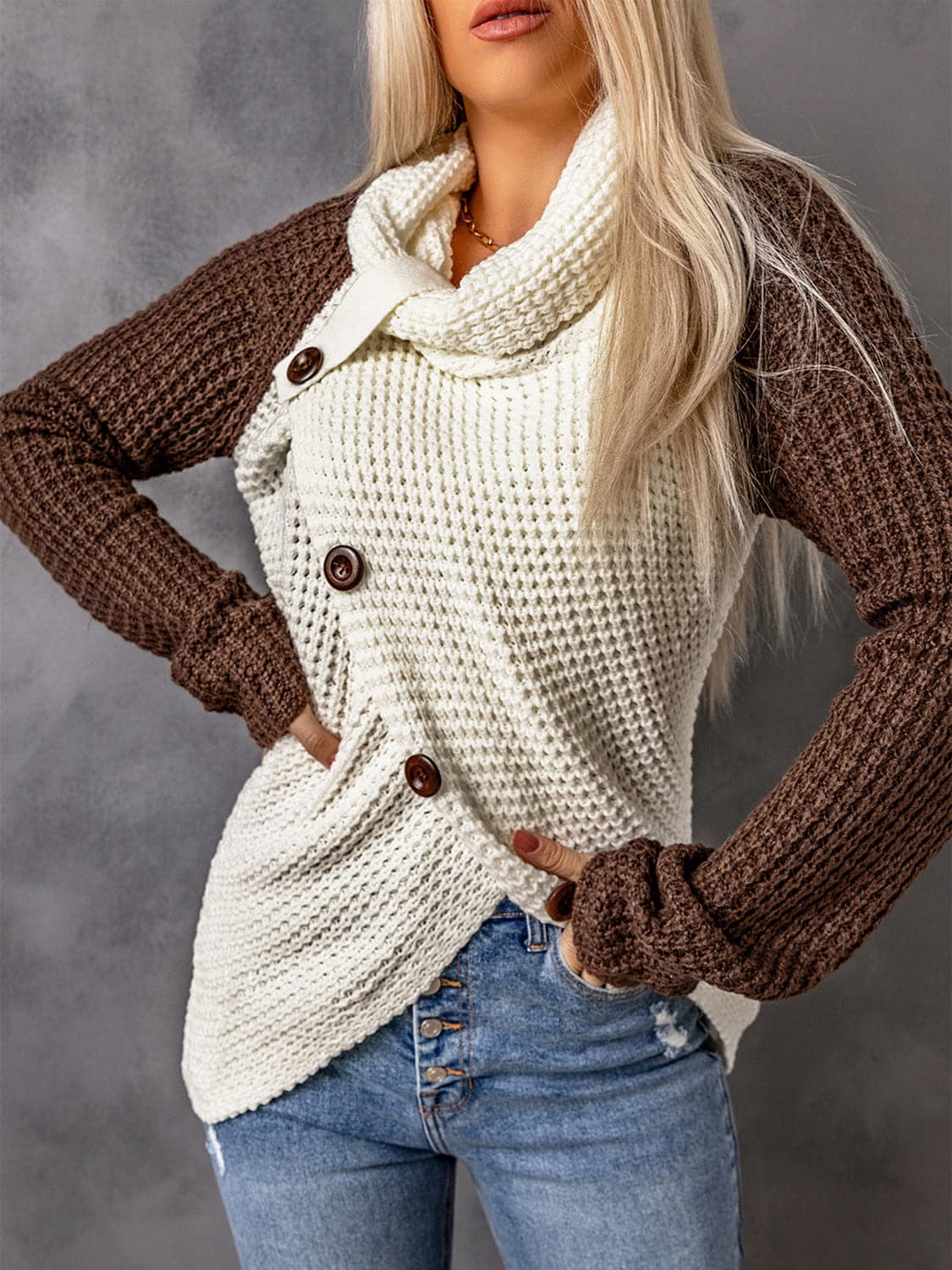 Contrast Decorative Button Turtleneck Sweater.