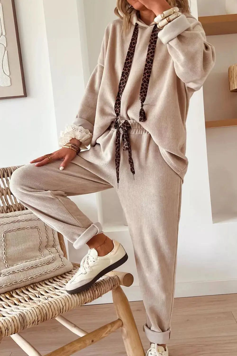 Leopard Drawstring Hoodie and Pants Set Simply Love