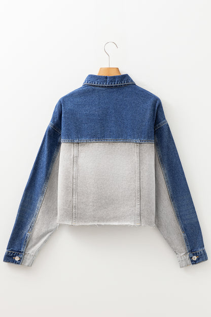 Dusk Blue Color Block Patchwork Flap Detail Distress Denim Jacket