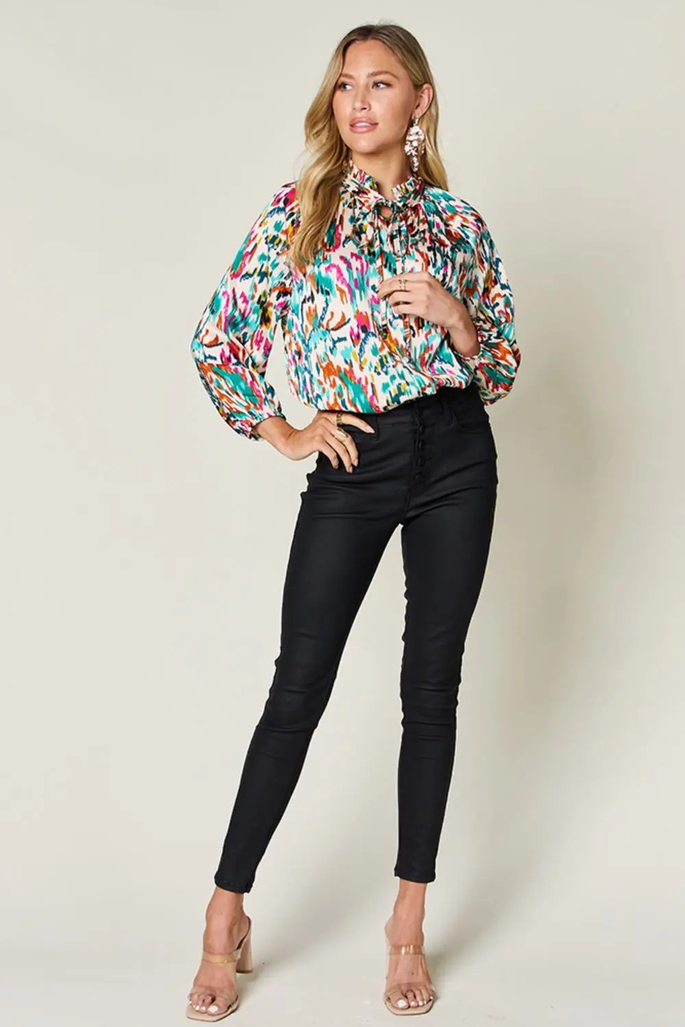 Double Take Full Size Printed Button Up Long Sleeve Shirt - Love Salve