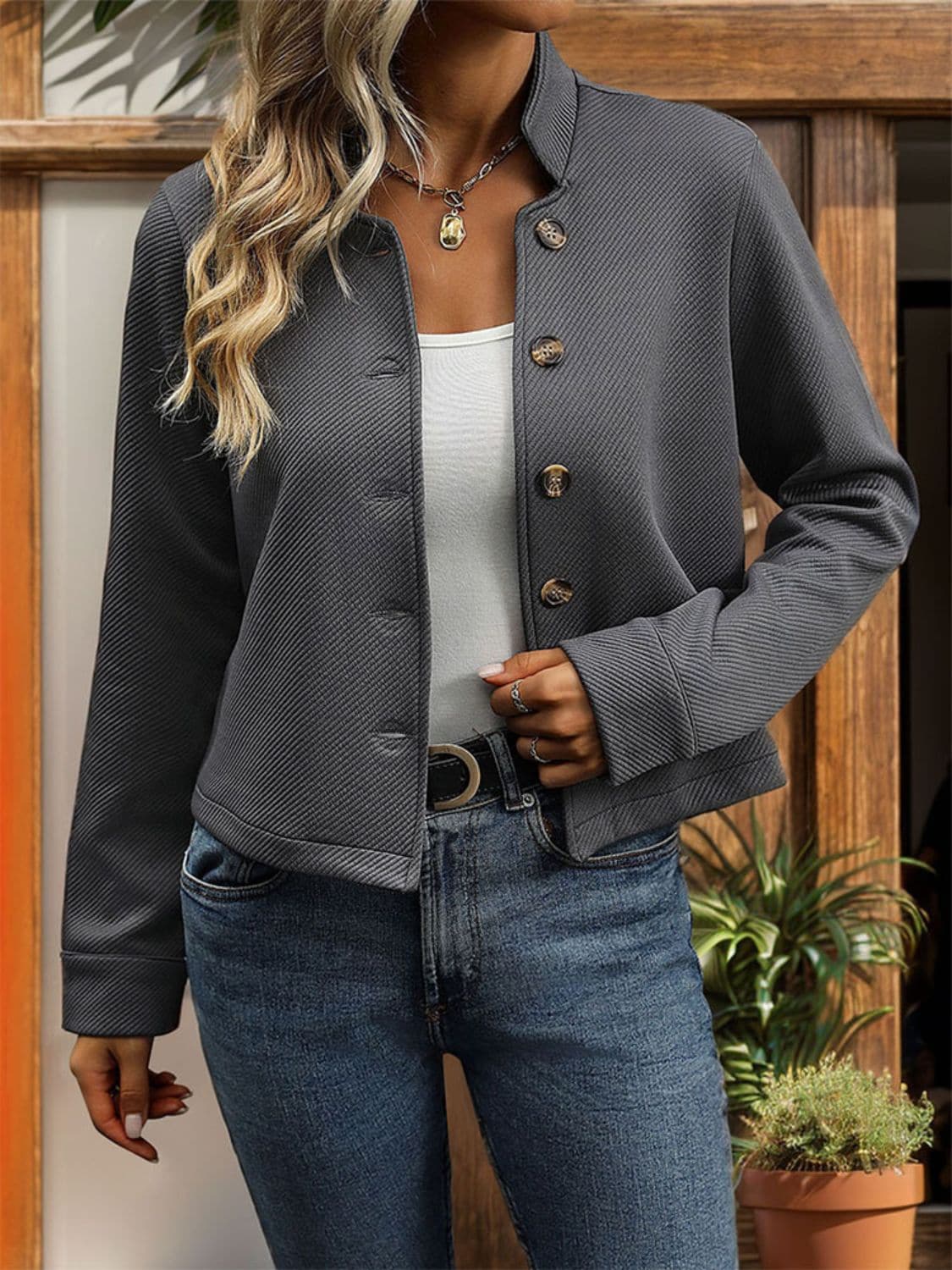 Textured Button Up Long Sleeve Jacket.