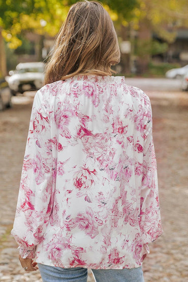 Floral Tie Neck Flounce Sleeve Blouse.