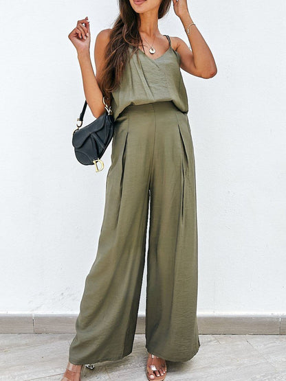 Spaghetti Strap Cami and Wide Leg Pants Set.