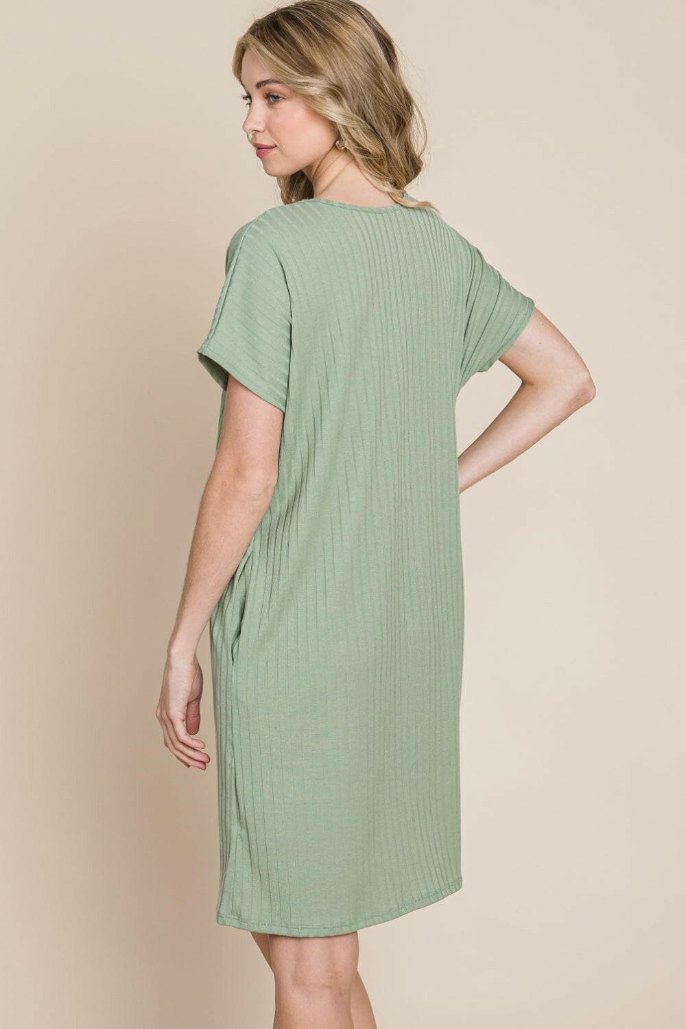 BOMBOM Ribbed Round Neck Short Sleeve Dress.