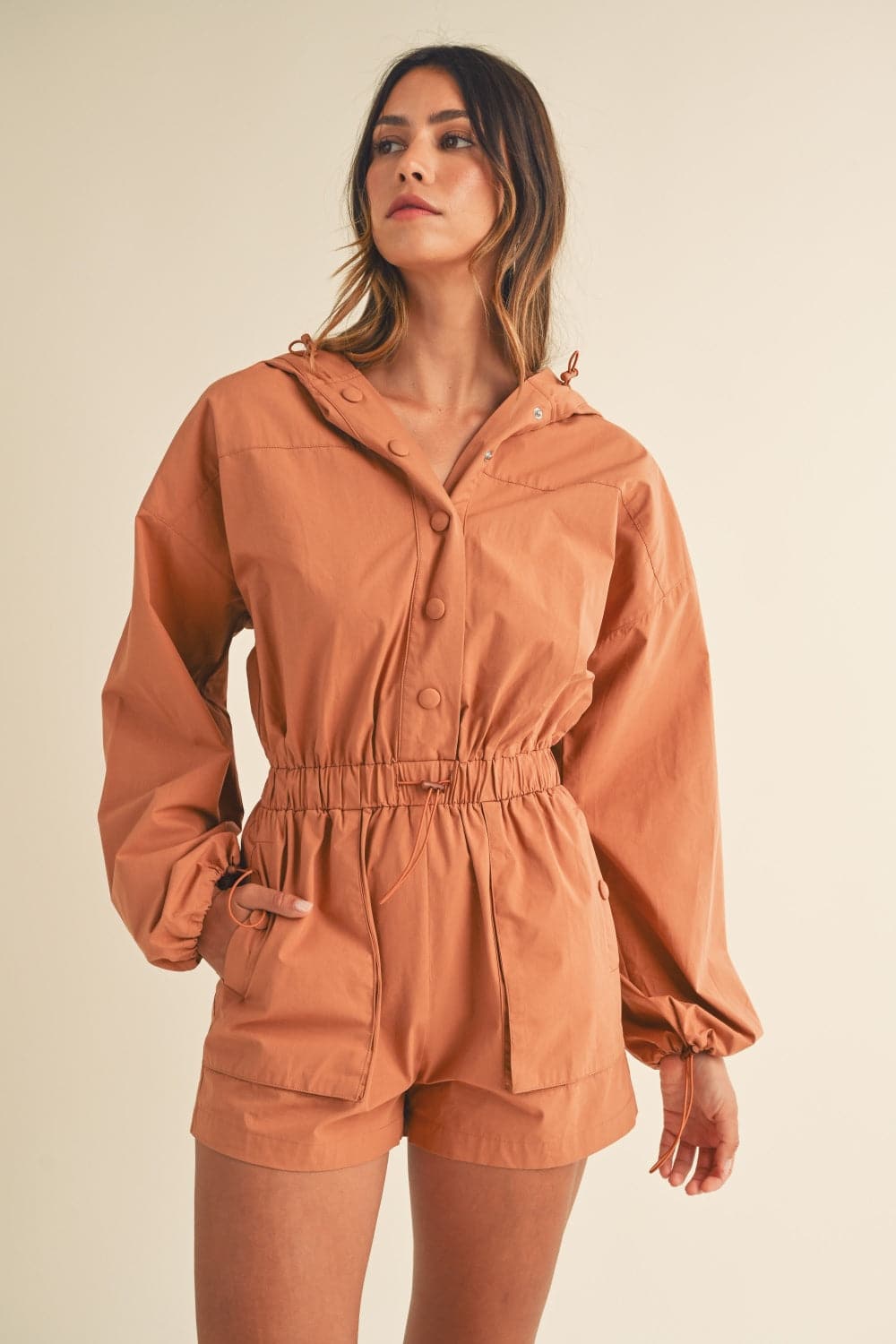 Cozy chic snap-down hooded romper