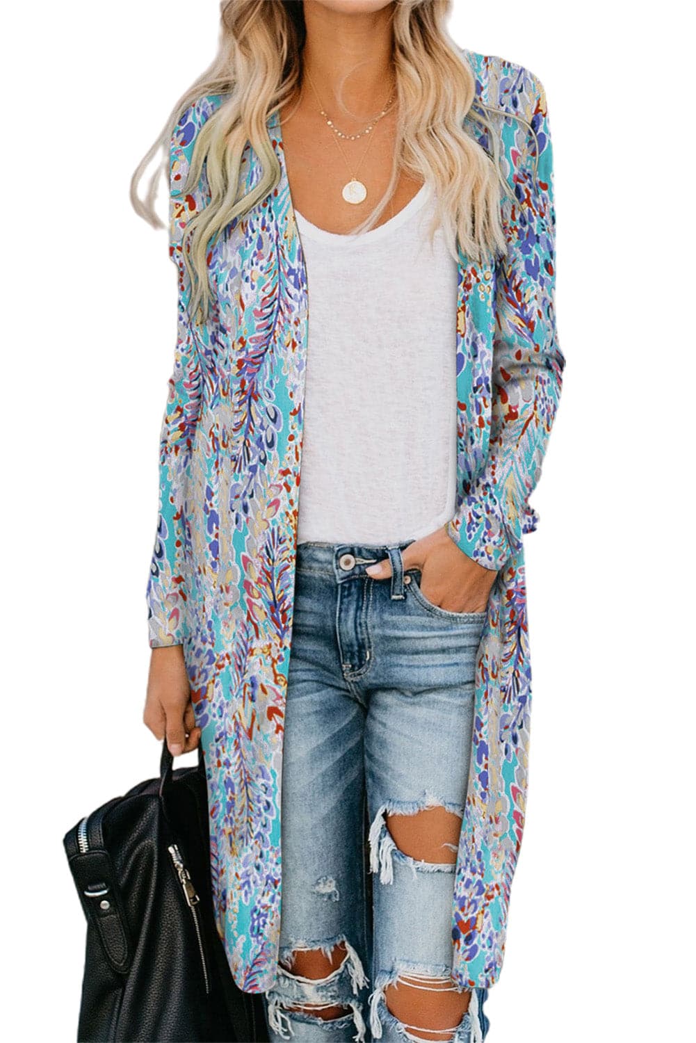 Double Take Printed Open Front Longline Cardigan.