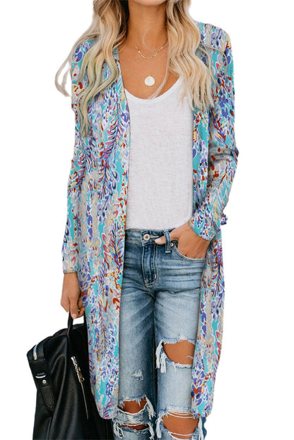 Double Take Printed Open Front Longline Cardigan.