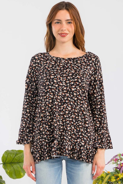 Celeste Full Size Floral Ruffle Detail Top.