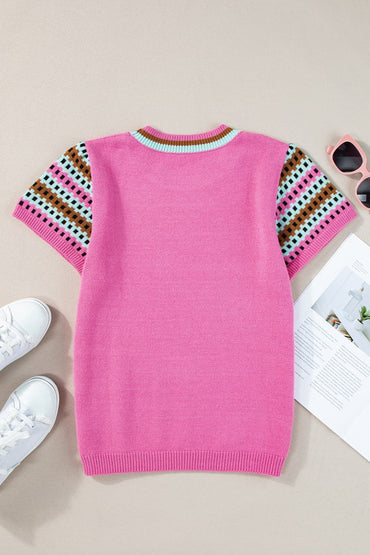 Contrast Round Neck Short Sleeve Knit Top.