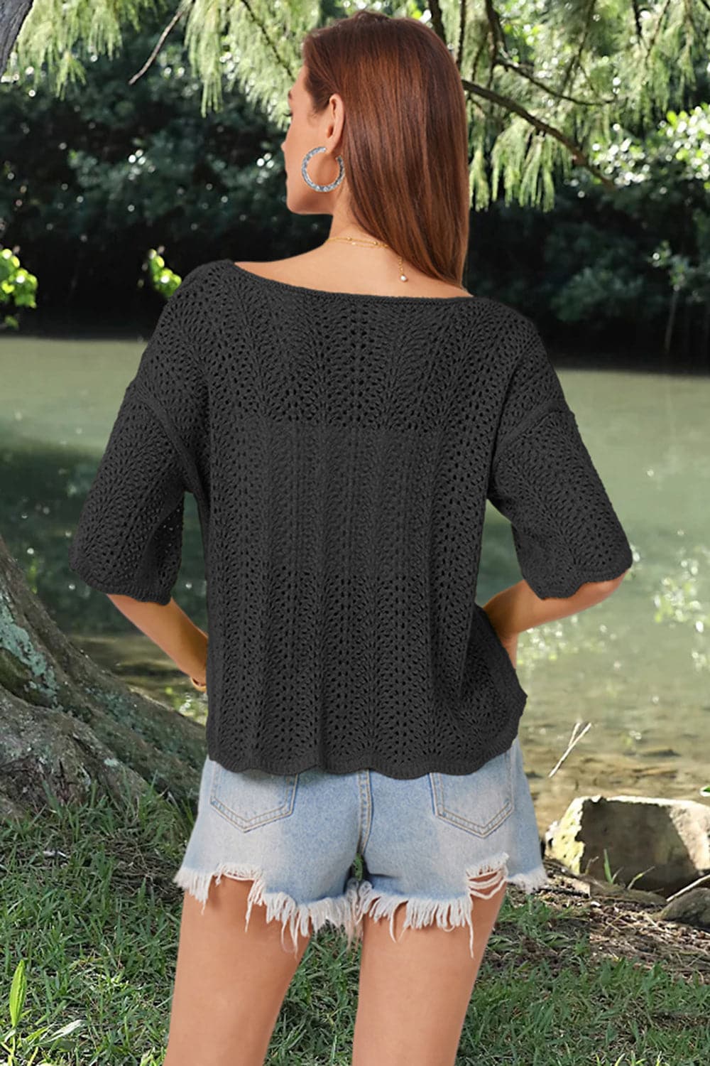 Openwork Round Neck Half Sleeve Knit Top.