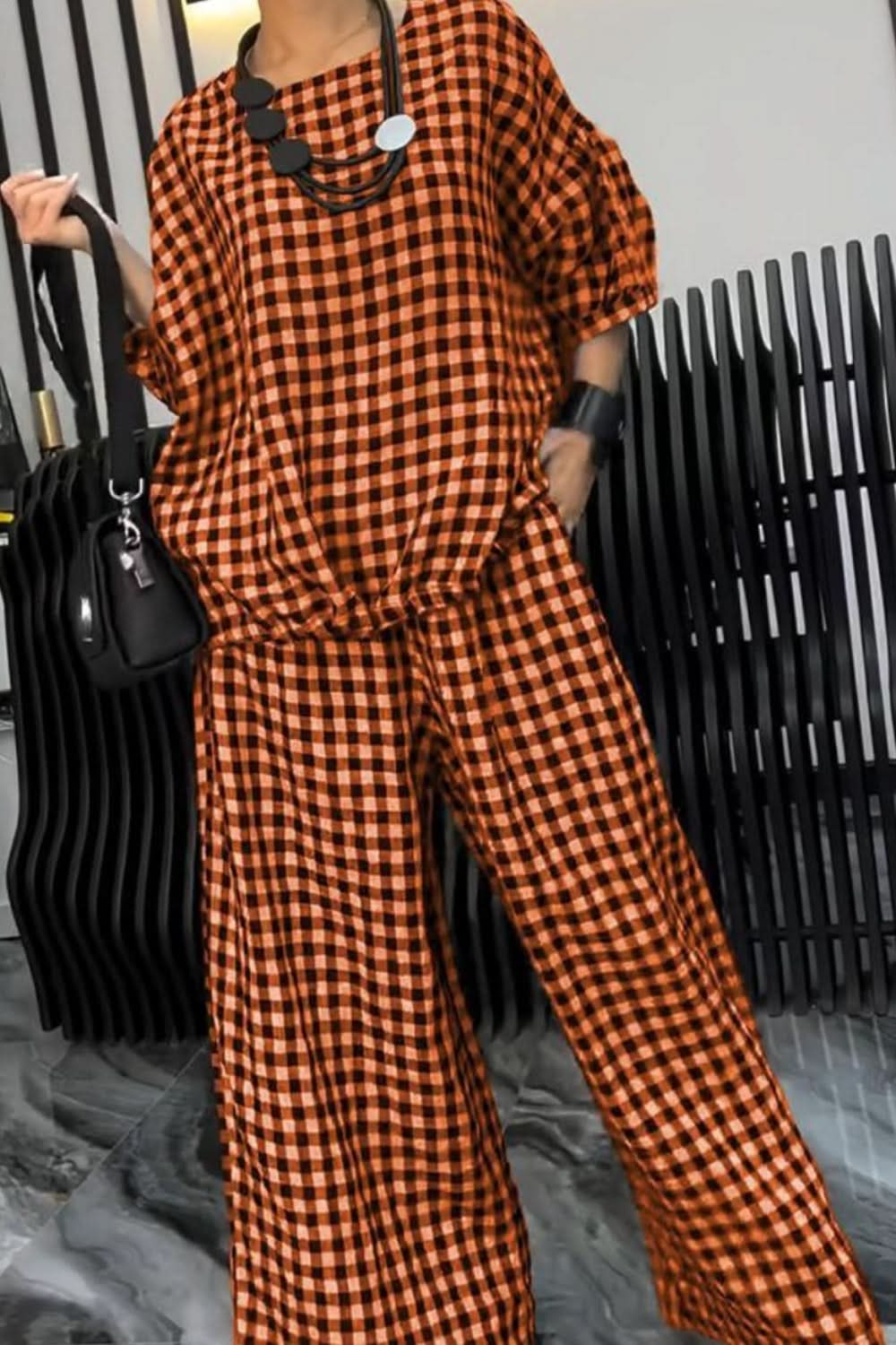 Plaid two-piece half sleeve top and pant ensemble