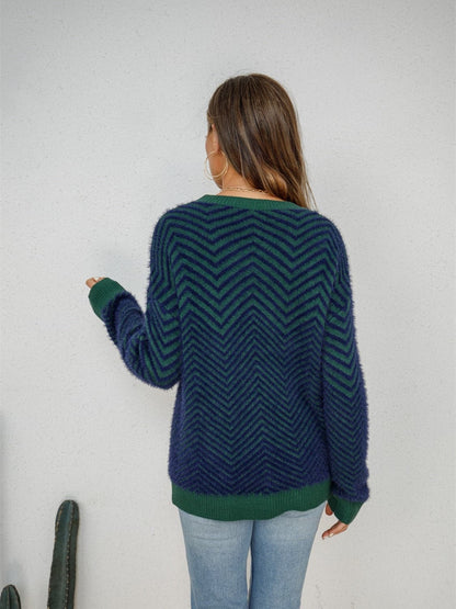 Striped Round Neck Dropped Shoulder Sweater.