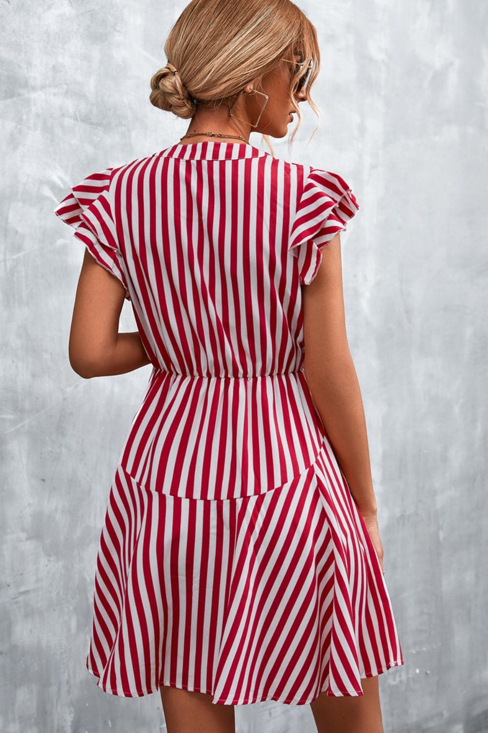 Ruffled Striped Cap Sleeve Mini Dress.