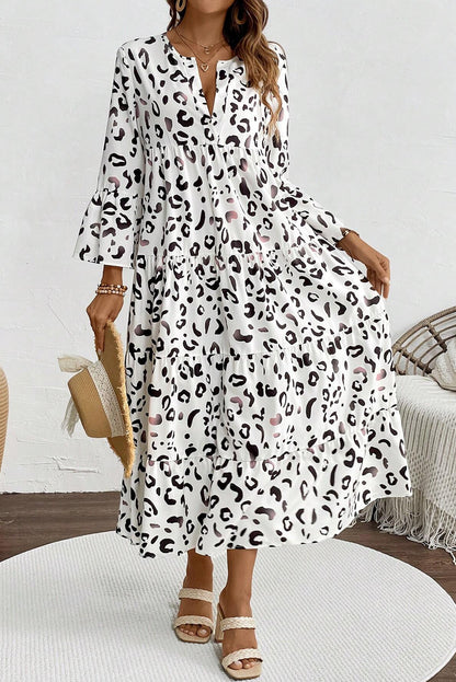 White Leopard Print Notch V Neck Loose Fit Maxi Dress